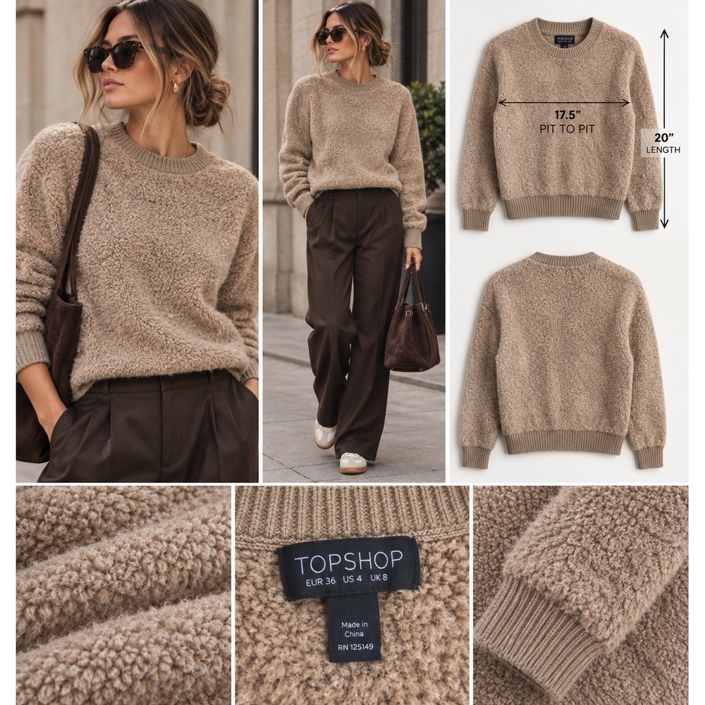 Topshop Teddy Boucle Sweater Womens US 4 Camel Fuzzy Crewneck Quiet Luxury Cozy